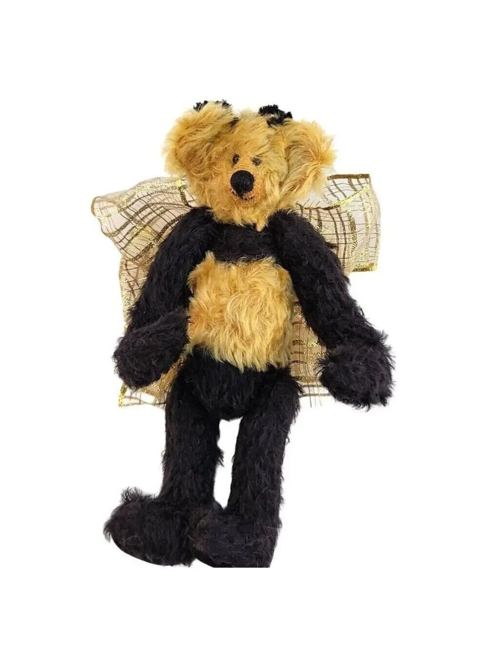 Vintage Handmade Bumblebee Teddy Bear Weighted Plush Golden Ribbon Bow